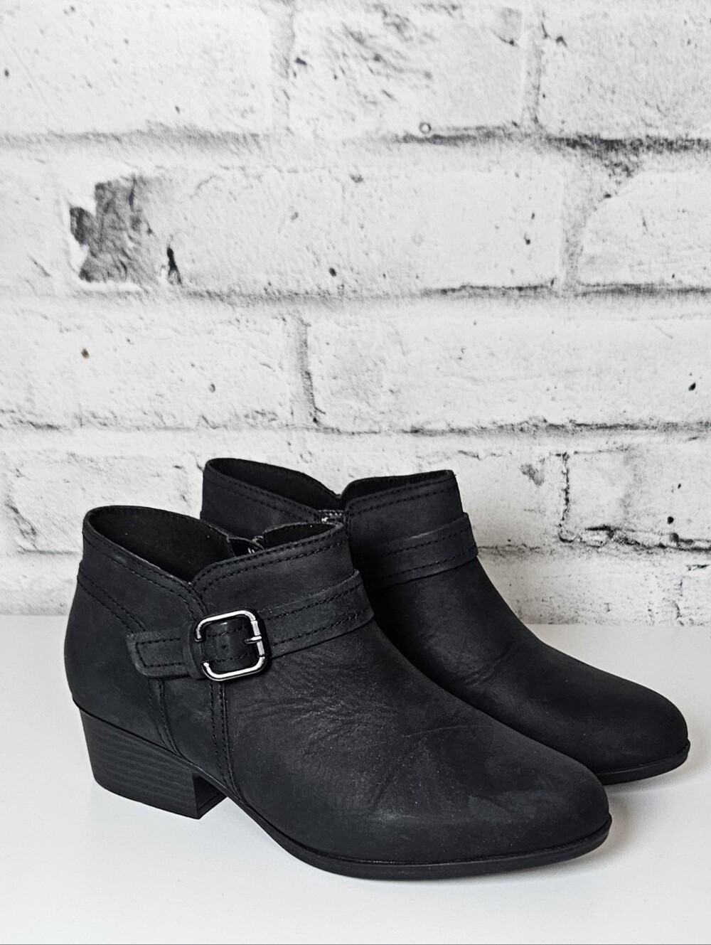Clarks Collection Black Ankle Boots Size 7.5 Buckle Low Block Heel